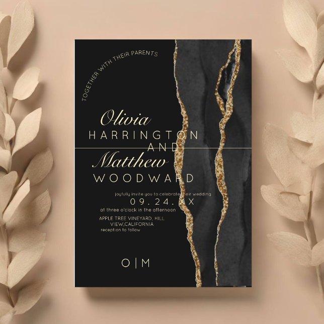 Invitation Agate moderne Luxe noir et or Mariage (Créateur téléchargé)