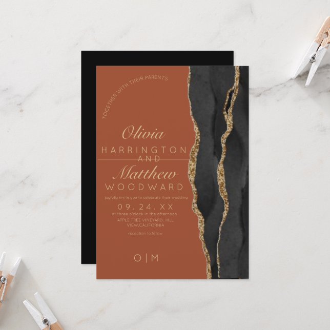 Invitation Agate moderne Luxe noir et orange Mariage (Devant/Arrière en situation)