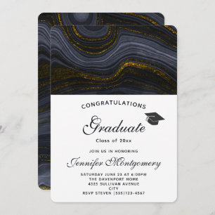 Invitation Agate moderne Noir et Or & Graduation Cap