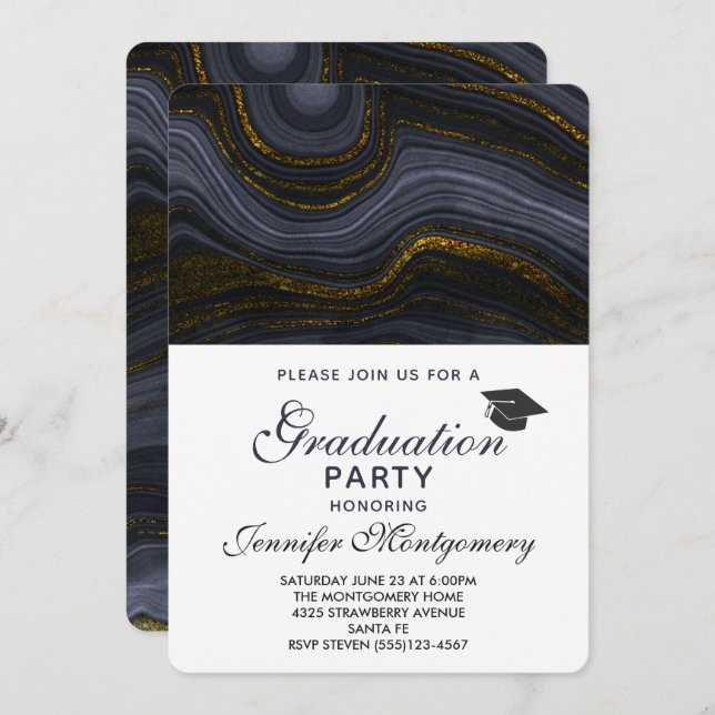 Invitation Agate moderne Noir et Or & Graduation Cap (Devant / Derrière)