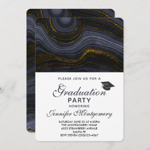 Invitation Agate moderne Noir et Or & Graduation Cap