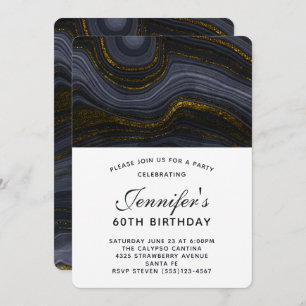 Invitation Agate moderne noir et or Pierre Anniversaire