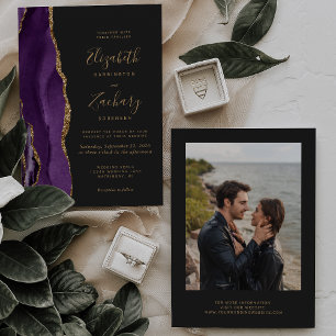 Invitation Agate moderne violet or Mariage foncé