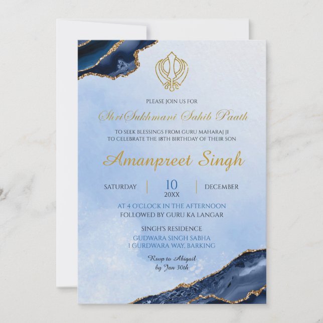 Invitation Agate Navy Sri Sukhmani Sahib Path 18th Birthday (Devant)