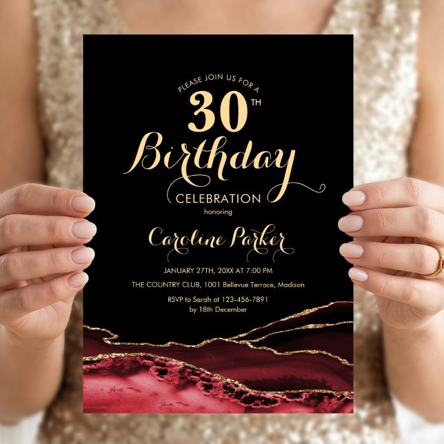 Invitation Agate Noir Rouge Or 30e Anniversaire (Créateur téléchargé)