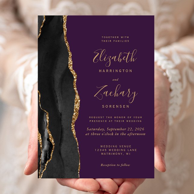 Invitation Agate Or Noir Mariage Violet Foncé (Créateur téléchargé)