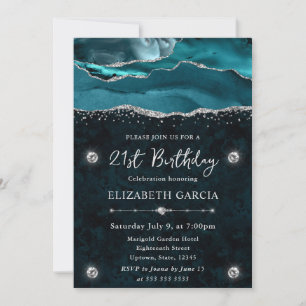Invitation Agate Pailleté Turquoise et Argent 21e Anniversair