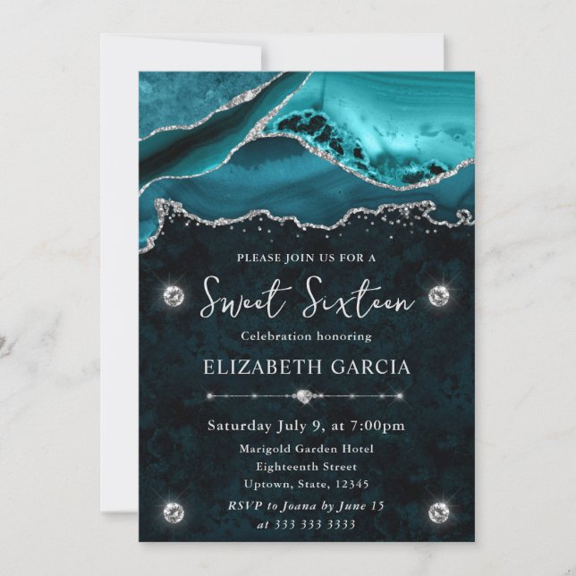 Invitation Agate Pailleté Turquoise et Argent Douce 16 (Devant)