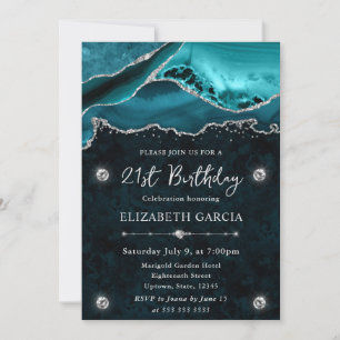 Invitation Agate Pailletée Bleu-vert et Argent 21e Anniversai