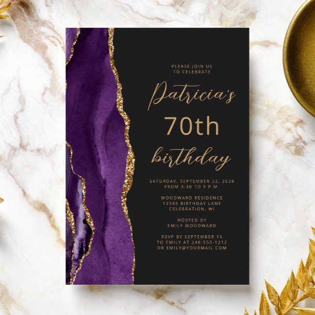 Invitation Agate Pourpre Or Ardoise Script 70 Ans Anniversair (Créateur téléchargé)