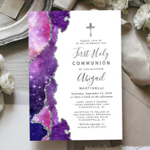 Invitation Agate rose bleu étoilé Argent Première Communion s