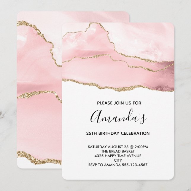 Invitation Agate Rose Pâle avec Ruban Doré Élégant pour Anniv (Devant / Derrière)