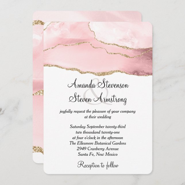Invitation Agate rose vierge avec ruban doré mariage élégant (Devant / Derrière)