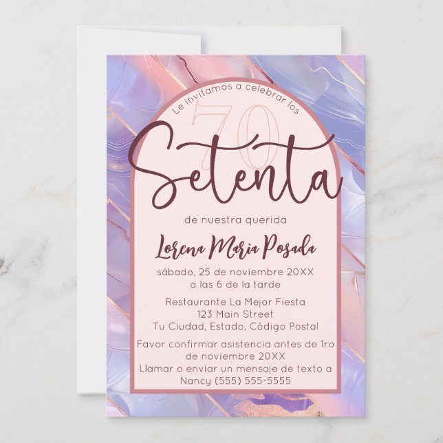Invitation Agate Rose Violet Espagnol 70ème Anniversaire Pour (Devant)