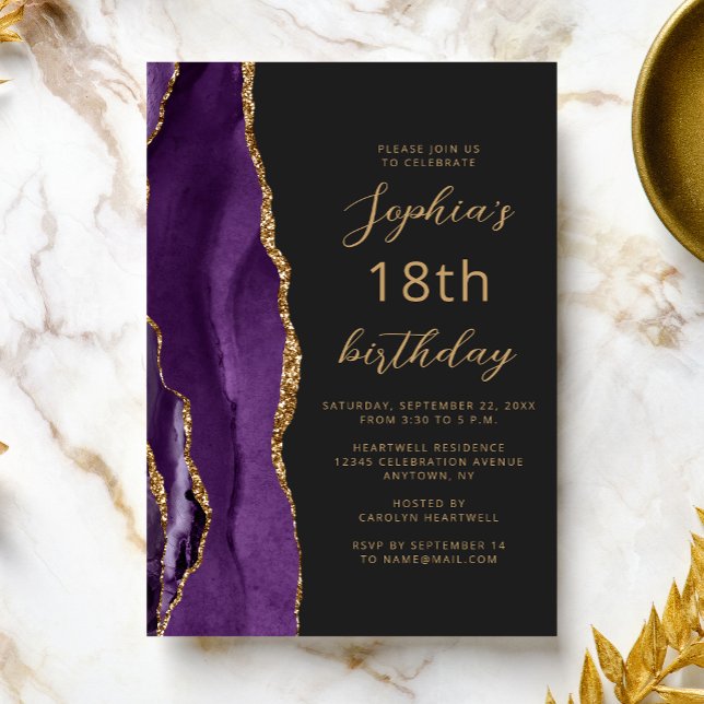Invitation Agate Script Or Purpurin 18e Anniversaire Sombre (Créateur téléchargé)