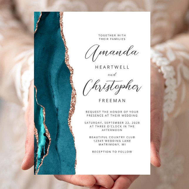 Invitation Agate Teal Rose Gold Script Wedding (Créateur téléchargé)