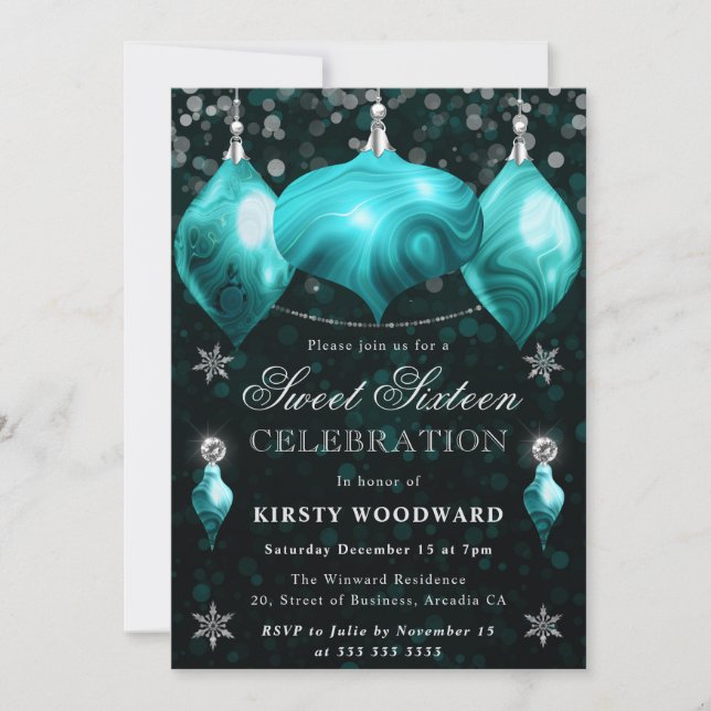 Invitation Agate Turquoise Baubles Noël Sweet 16 (Devant)