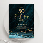 Invitation Agate Turquoise Gold 50e anniversaire<br><div class="desc">Turquoise et or agate 50e anniversaire invitation de fête. Elégant design moderne avec aquarelle turquoise agate marbre arrière - plan,  faux parties scintillant or et typographie script. Carte invitation branchée parfaite pour une célébration anniversaire féminine élégante. Invitations Zazzle imprimées ou téléchargement instantané modèle imprimable numérique.</div>