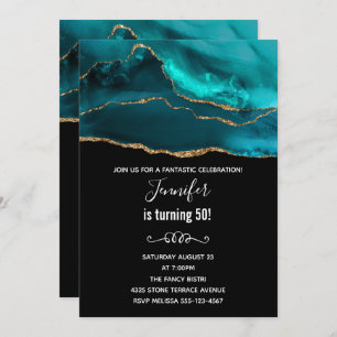 Invitation Agate Turquoise & Or moderne pierre Abstrait Anniv