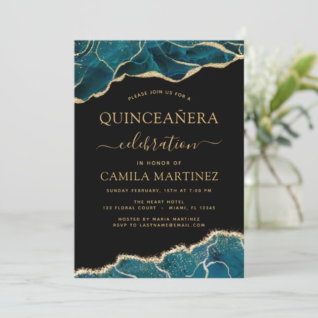 Invitation Agate Turquoise Quinceañera Turquoise Gold Blue In (Debout devant)