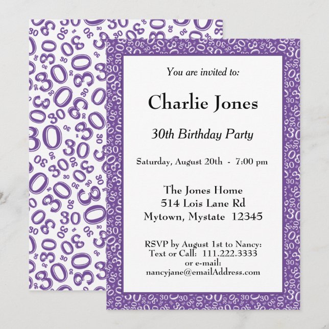 Invitation Âge 30 motif numérique aléatoire violet/blanc 30èm (Devant / Derrière)