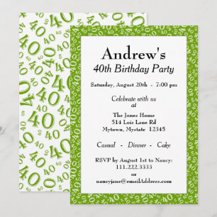 Invitation Âge 40 motif numérique aléatoire vert/blanc 40ème