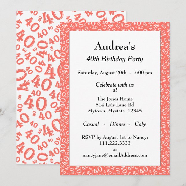 Invitation Age 40 Random Number Pattern Coral/White 40th (Devant / Derrière)
