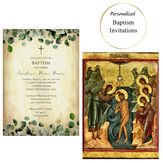 Invitation Aged Parchment and Eucalyptus Orthodox Baptism    (Créateur téléchargé)