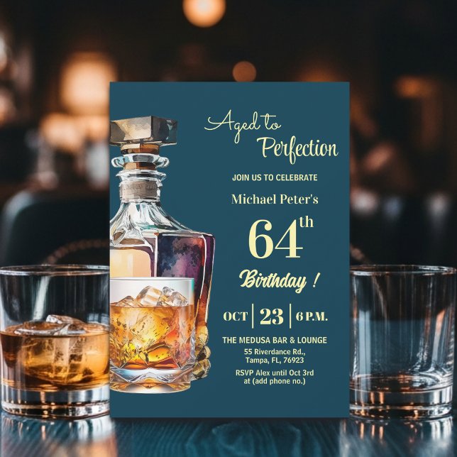 Invitation Aged to Perfection Men 64th Whiskey Birthday  (Créateur téléchargé)