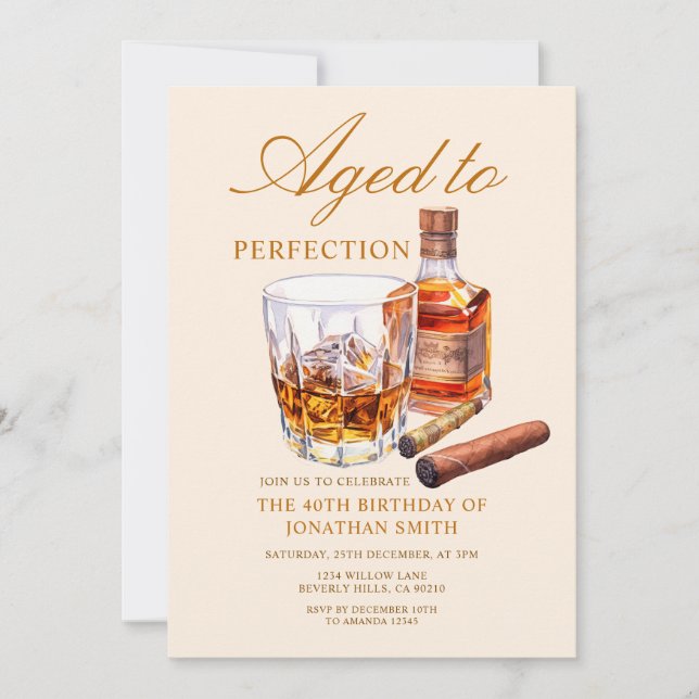 Invitation Aged to Perfection Whiskey Adult Birthday Party (Devant)