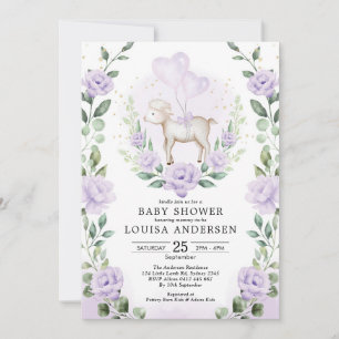 Invitation Agneau à fleurs mauve doux Baby shower de printemp