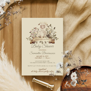 Invitation Agneau en mouton beige mignon Baby shower botaniqu