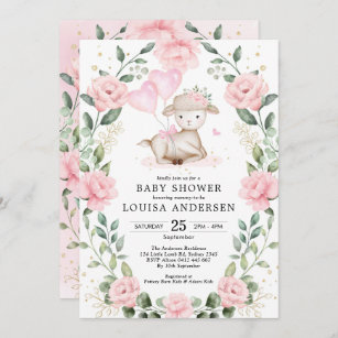 Invitation Agneau floral rose pâle ballons Baby shower fille