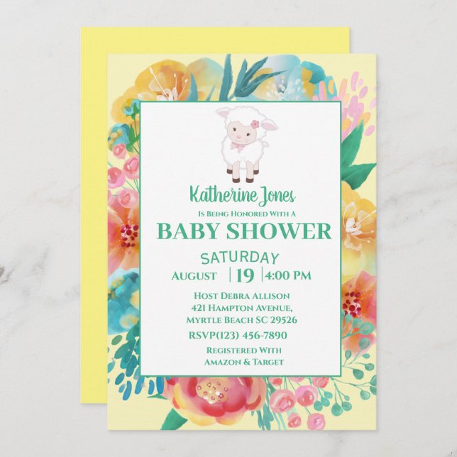 Invitation Agneau mignon Baby shower floral vert jaune (Devant / Derrière)
