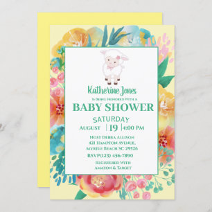 Invitation Agneau mignon Baby shower floral vert jaune