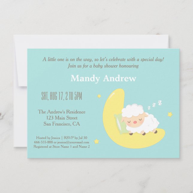 Invitation Agneau mignon sur la lune Baby shower fêtes Invita (Devant)