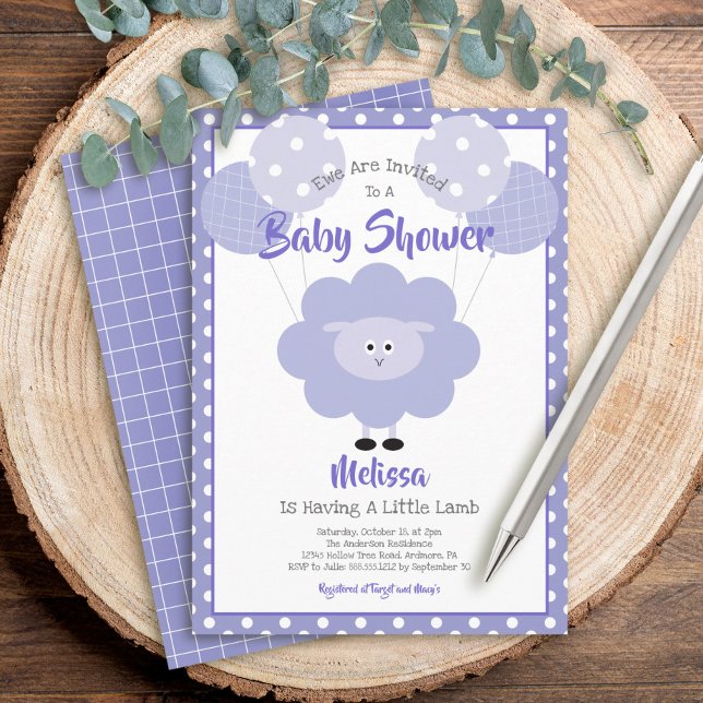 Invitation Agneau mignon violet simple Baby shower doux moder (Créateur téléchargé)