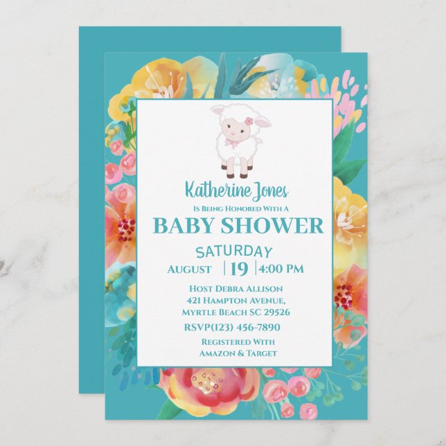 Invitation Agneau mou Turquoise bleu Floral Baby shower Invit (Devant / Derrière)