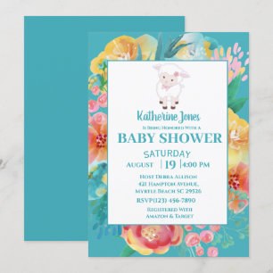 Invitation Agneau mou Turquoise bleu Floral Baby shower Invit