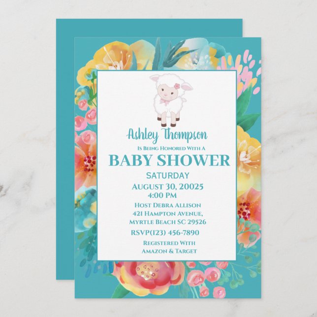 Invitation Agneau mou Turquoise bleu Floral Baby shower Invit (Devant / Derrière)
