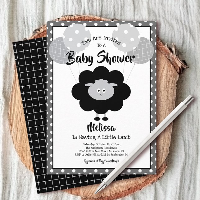 Invitation Agneau noir blanc Baby shower mignonne Simple mode (Créateur téléchargé)