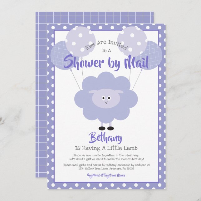 Invitation Agneau violet Baby shower par Mail Cute Simple Mod (Devant / Derrière)