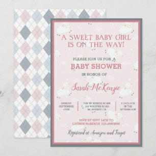 Invitation Agneaux Bébés rose Gris Blanc Leaping Baby shower