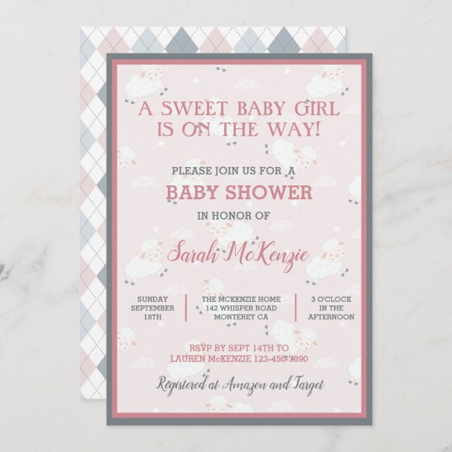 Invitation Agneaux Bébés rose Gris Blanc Leaping Baby shower (Devant / Derrière)