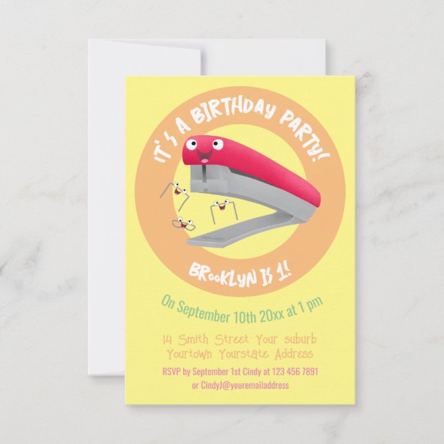 Invitation Agrafeuse rouge mignonne illustration de dessin an (Devant)