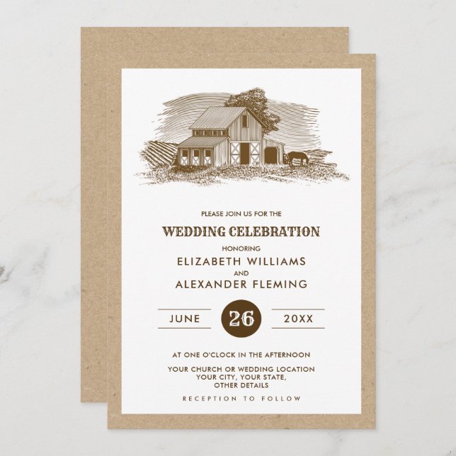 Invitation Agritourisme Papier Kraft Rustic Wedding Invitatio (Devant / Derrière)