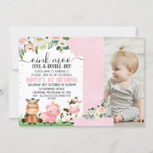 Invitation Agritourisme rose floral photo 1er anniversaire