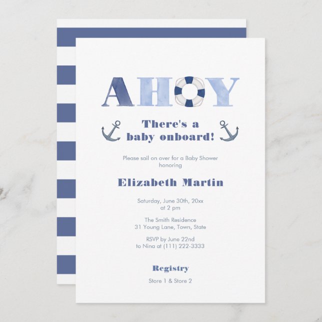 Invitation Ahoy Baby On Board Nautical Boy Baby Shower (Devant / Derrière)