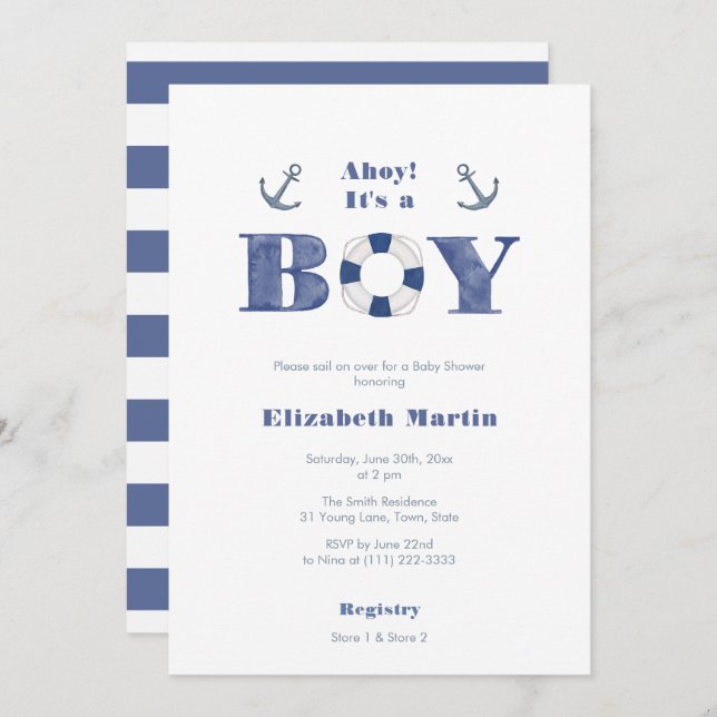 Invitation Ahoy ! Baby shower Nautique Bleu Et Blanc Marine (Devant / Derrière)