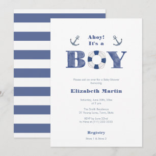 Invitation Ahoy ! Baby shower Nautique Bleu Et Blanc Marine